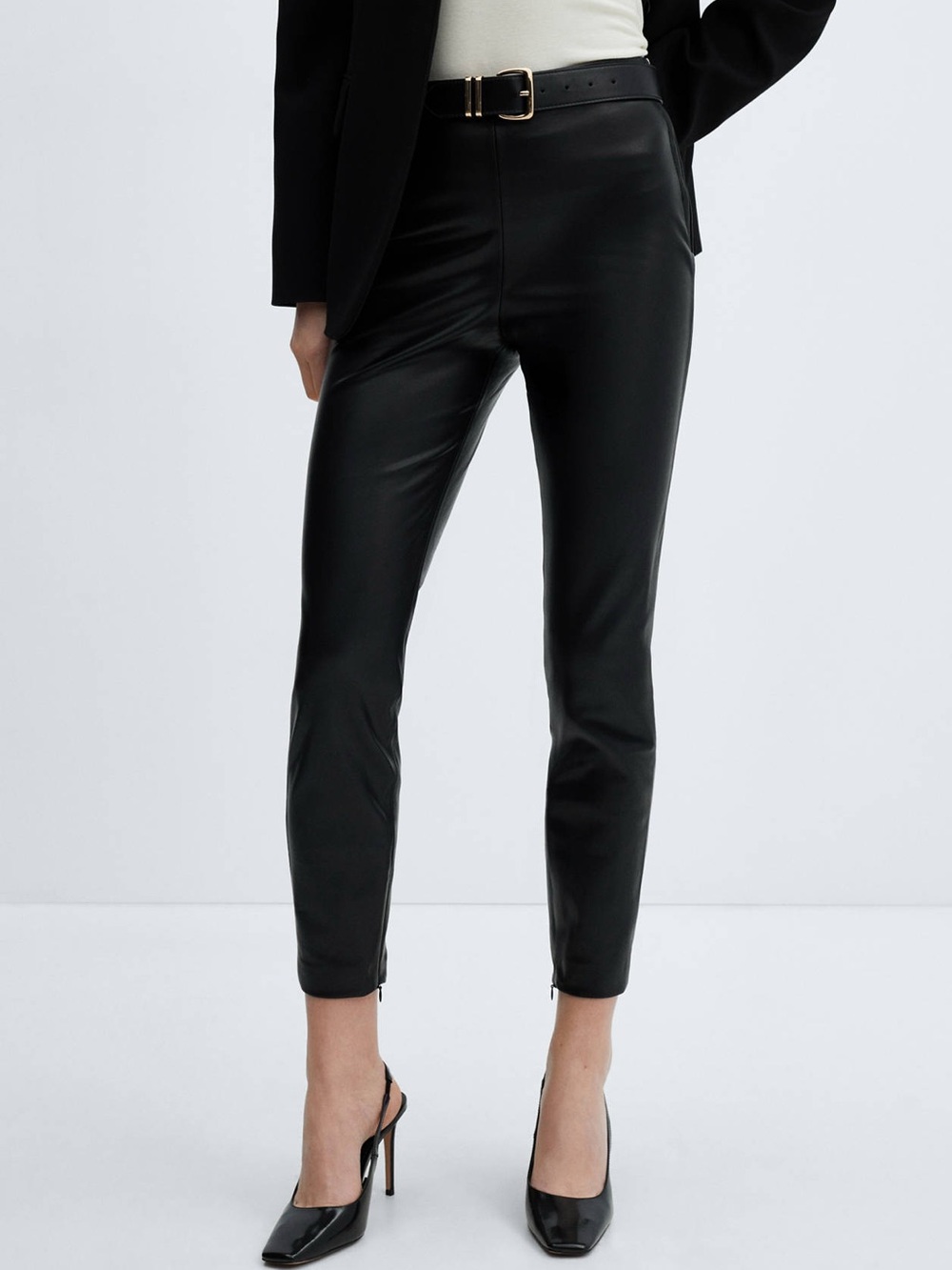 MANGO Faux Leather Skinny Leggings with Split Hems Black Small New NWT